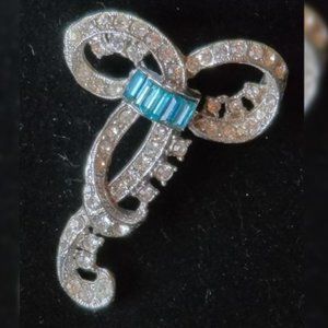 Heavy Vintage Blue Bow Rhinestone Brooch